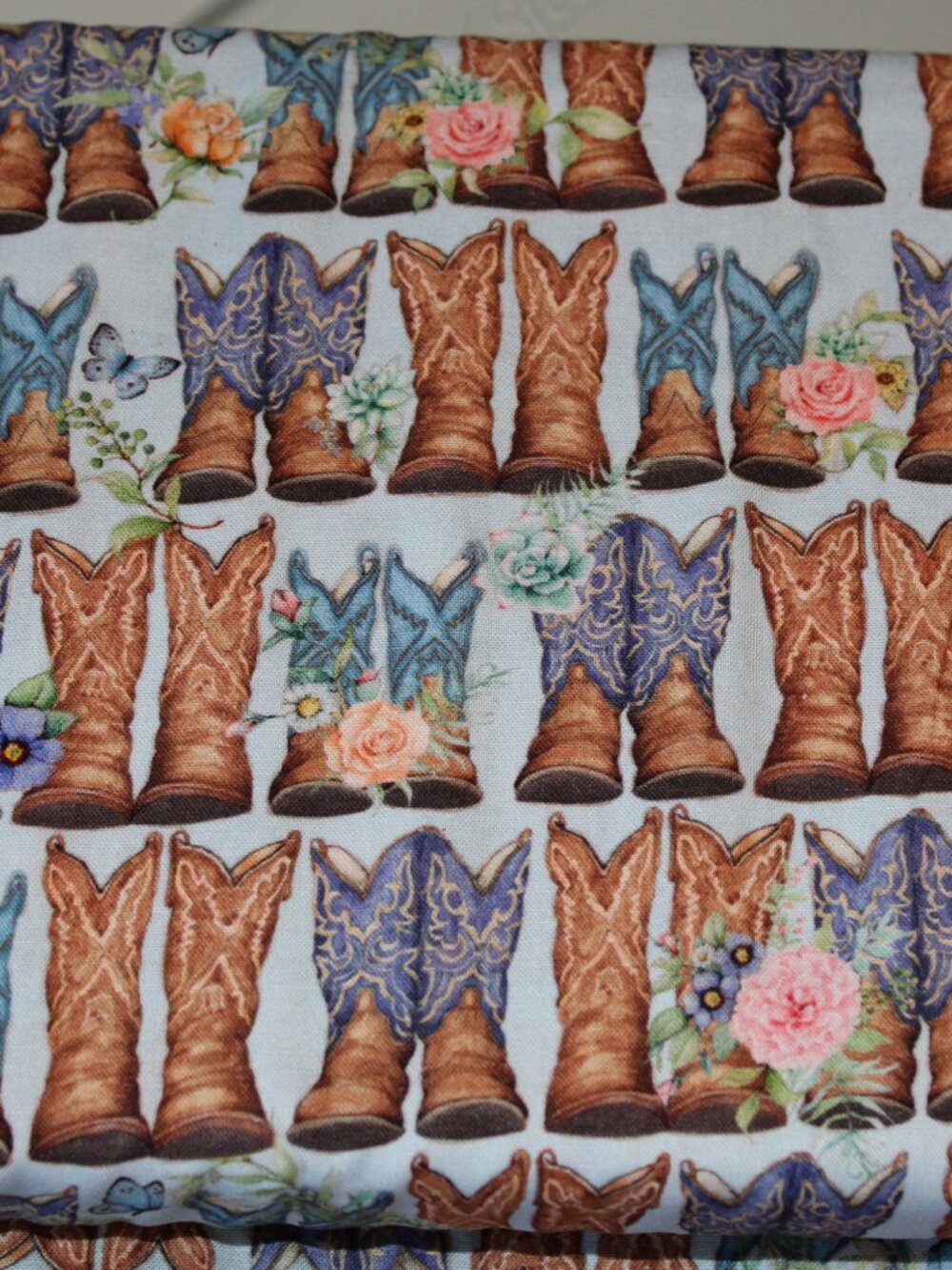 One Yard Cotton Fabric DUSTY BOOTS Cowboy Boots on Blue - Picture 2 of 2
